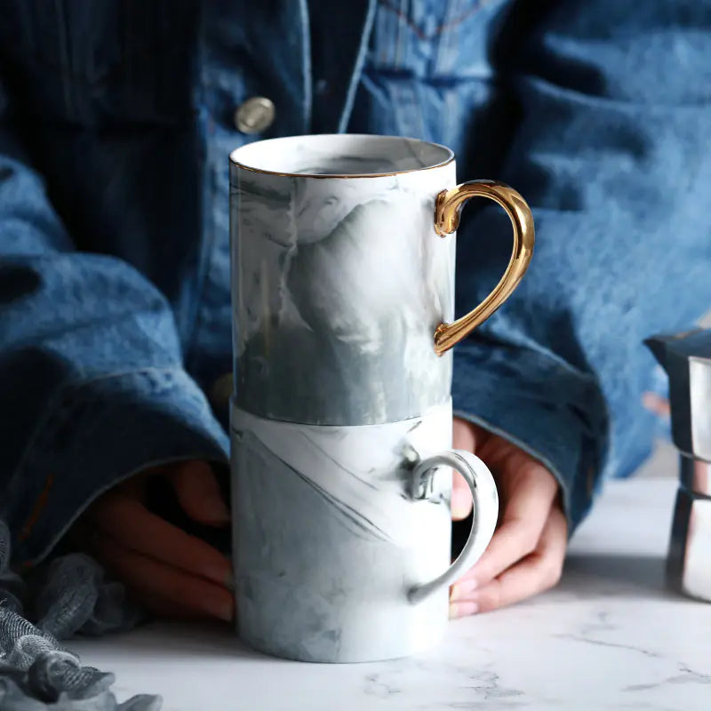 Lekoch Marble Pattern Gold-Trimmed Mug Set for Couples